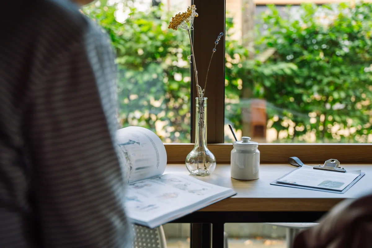 Ein aufgeschlagenes Buch und eine Blumenvase am Fensterplatz mit Blick ins Grüne