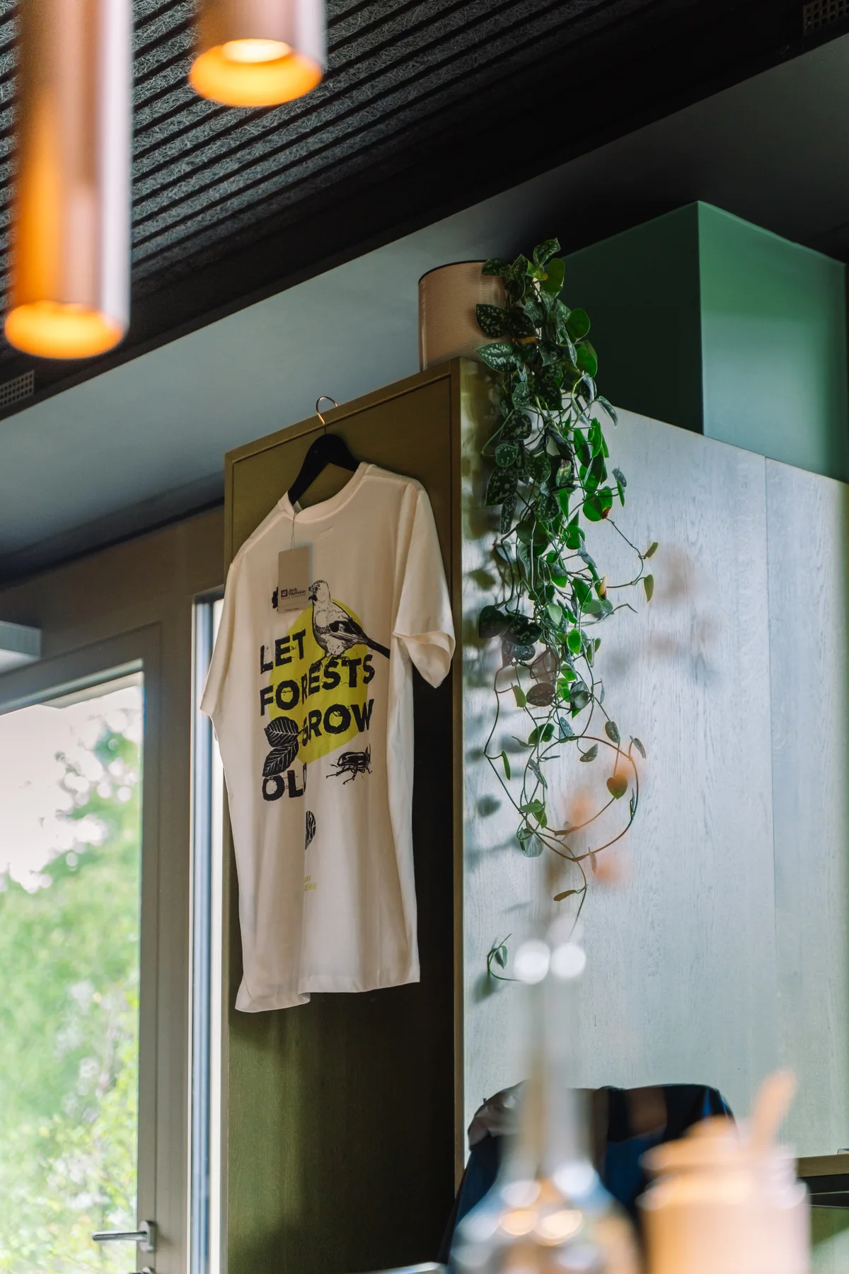 Waldmotiv auf einem T-Shirt neben einer Hängepflanze im Café